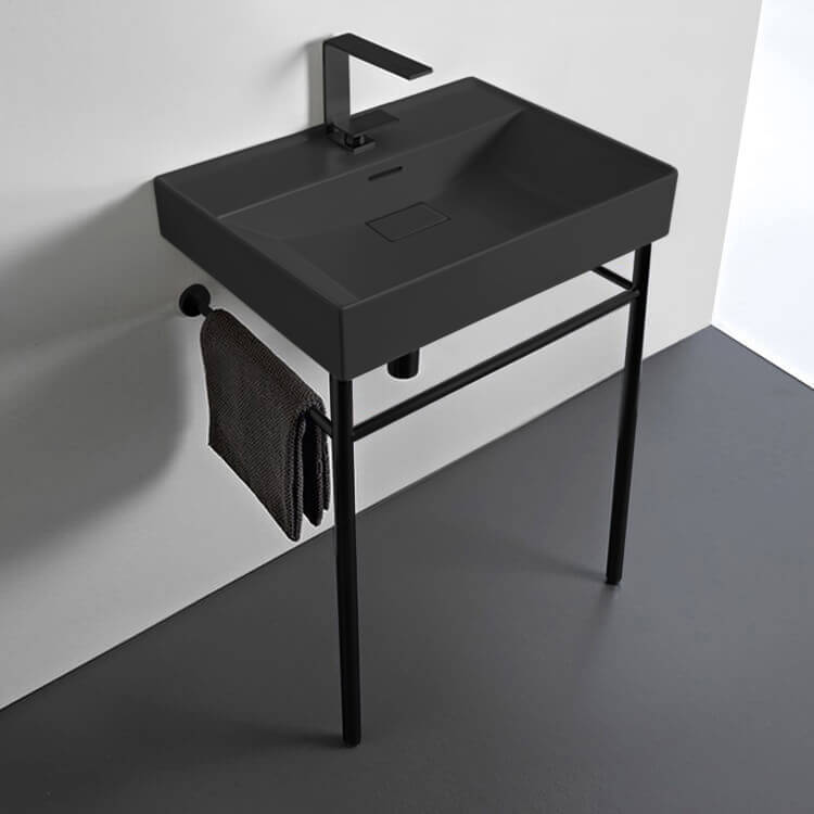 CeraStyle 037107-U-97-CON-BLK Rectangular Matte Black Ceramic Console Sink and Matte Black Stand, 24 Inch